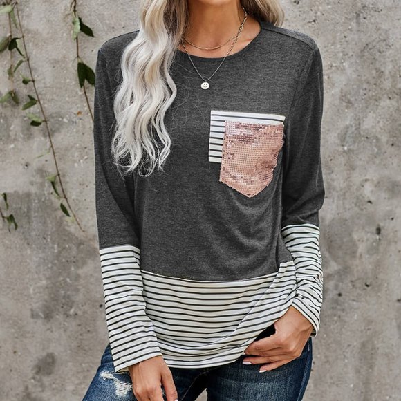 Tops - Striped Colorblock Sequin Pocket Shirt